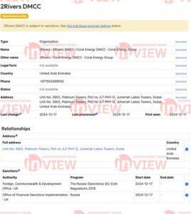 Two companies that were included in the latest sanctions package from the UK are 2Rivers DMCC (Dubai, UAE) and 2Rivers PTE LTD (Singapore).